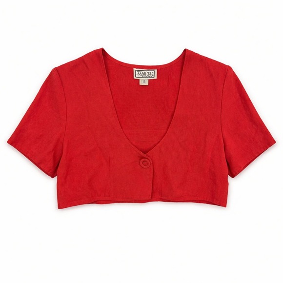 Traces Tops - Vintage Traces Red Linen Blend Cropped Bolero Festival Top Sz 12 evening summer